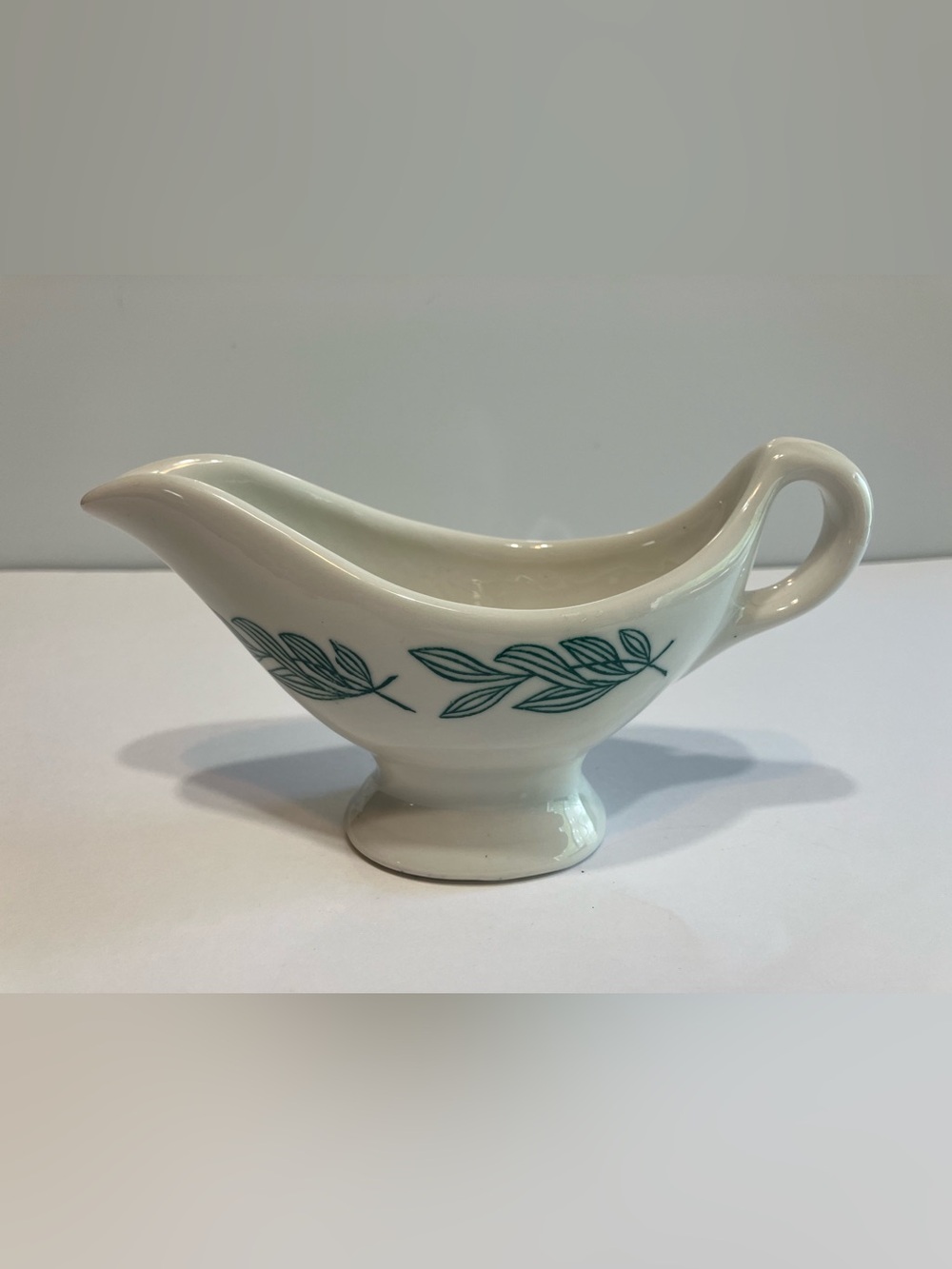 Vintage Gravy Boat White With Green Leaves Unbranded